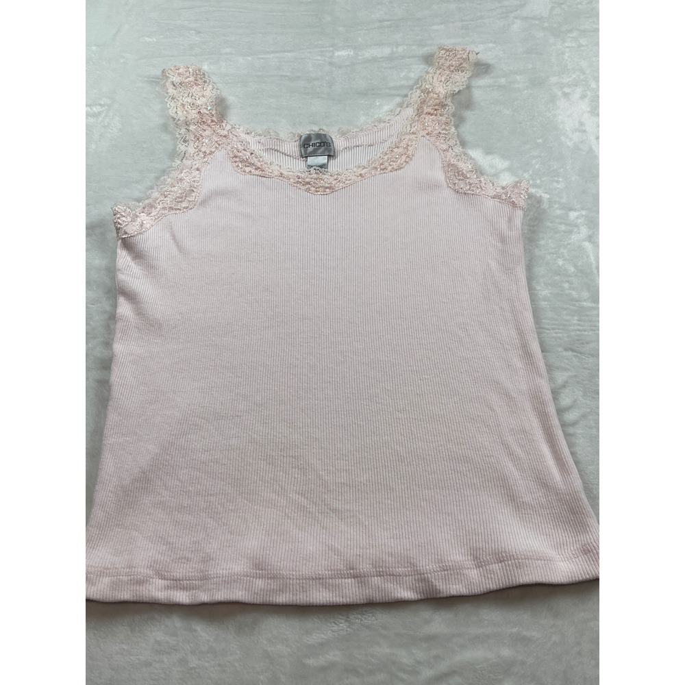 Chicos‎ Womens Pink Ribbed Lace Trim Sequin Beaded Tank Top Camisole Size 3 L XL